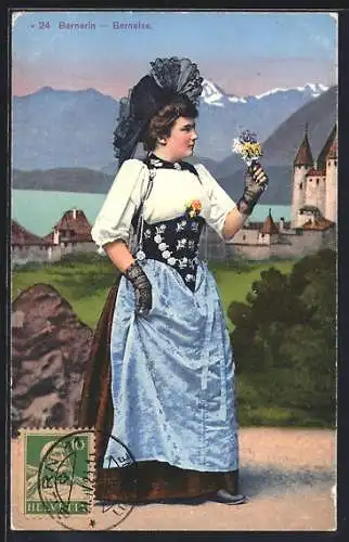 AK Bernerin in einer Tracht mit Blumenstrauss