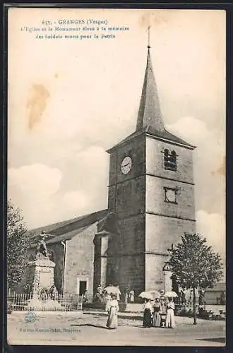 AK Granges /Vosges, L`Église et le Monument élevé à la mémoire des Soldats morts pour la Patrie