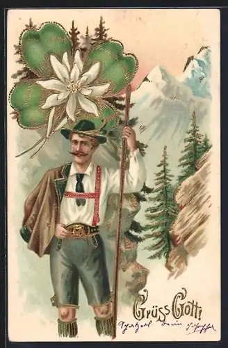 Lithographie Bergwanderer in Tracht vor einer Schlucht, Edelweiss