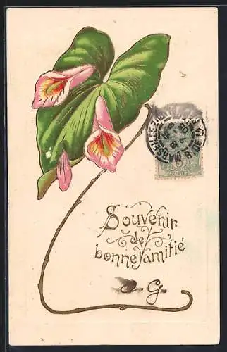 Präge-AK Blatt mit Blüten im Jugendstil