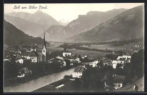 AK Zell am Ziller, Teilansicht mit Fluss und Bergen