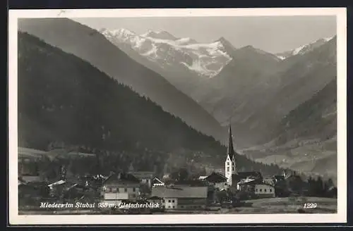 AK Mieders im Stubai, Ortschaft mit Gletscherblick