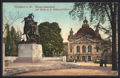 AK Frankfurt a. M., Bismarckdenkmal mit Blick nach dem Schauspielhaus