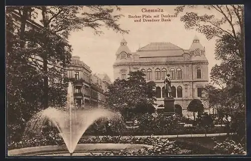 AK Chemnitz, Becker-Platz mit Denkmal und Dresdner Bank