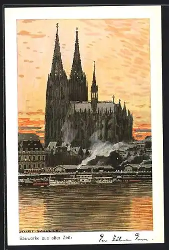 Künstler-AK Köln, Kölner Dom bei Sonnenuntergang