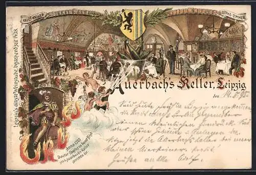 Vorläufer-Lithographie Leipzig, 1895, Gasthaus Auerbachs Keller, Göthe-Zimmer