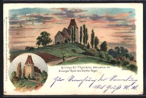 Lithographie Leipzig-Thekla, Kirche St. Theckla, Einziger Rest des Dorfes Tegel