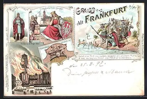 Lithographie Frankfurt /Main, Lasst eine Furt uns suchen..., Francofurtia & der Handel, Kaiser Karl, Dombrand