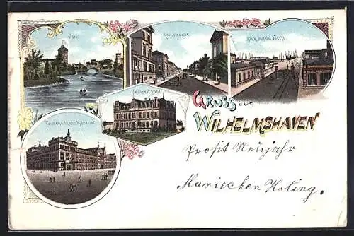 Lithographie Wilhelmshaven, Park, Roonstrasse, Blick auf die Werft und Kaiserl. Post