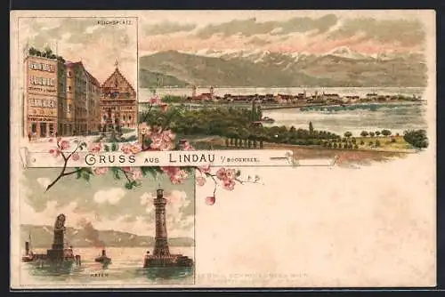Lithographie Linau i / Bodensee, Ortsansicht, Reichsplatz, Hafen