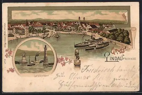 Lithographie Lindau / Bodensee, Hafeneinfahrt und Stadtpanorama