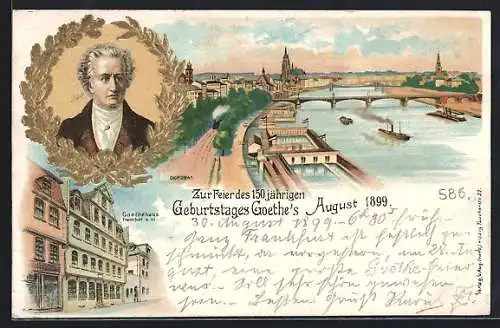Lithographie Alt-Frankfurt, 150 jähriger Geburtstag Goethe`s 1899, Teilansicht, Goethehaus, Portrait