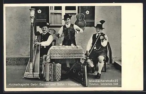 AK Hausham, Heimatkapelle Gebr. Saurer & Sohn, Harfe, Geige, Glockenspiel, Zither