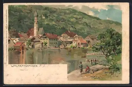 Künstler-AK Edward Theodore Compton: Wolfratshausen, Blick über die Loisach auf den Ort