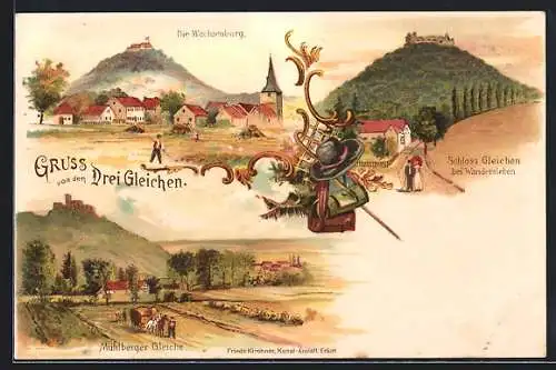 Lithographie Drei Gleichen, Wachsenburg, Schloss Gleichen, Mühlberger Gleiche
