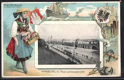 AK Hamburg-St.Pauli, St. Pauli Landungsbrücke, Vierländerin in Nationaltracht, Wappen und Dampfer