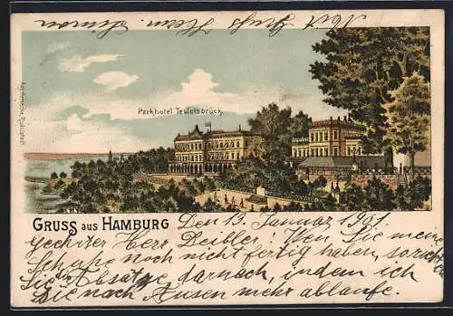 Lithographie Hamburg-Bostelbek, Blick aufs Parkhotel Teufelsbrück