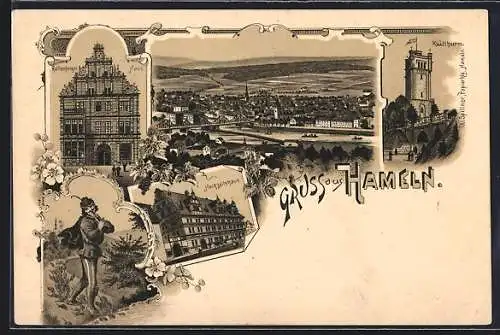 Lithographie Hameln, Rattenfänger Haus, Hochzeitshaus und Klütthurm