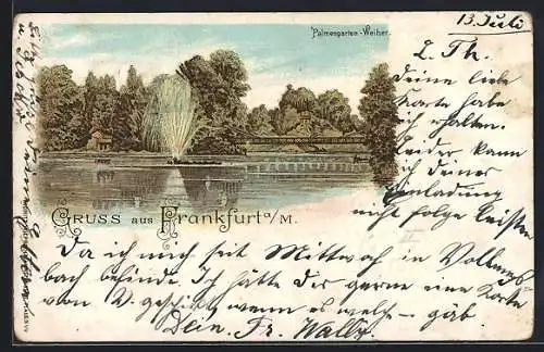 Lithographie Frankfurt-Westend, Blick über den Palmengarten-Weiher