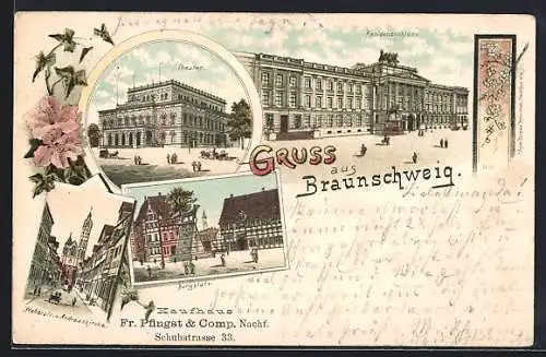 Lithographie Braunschweig, Residenzschloss, Theater, Burgplatz, Weberstrasse & Andreaskirche