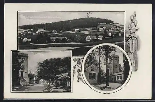 AK Pulsnitz, Berggasthaus Schwedenstein, Bes. Rudolf Semmer, Strassenpartie und Innenhof