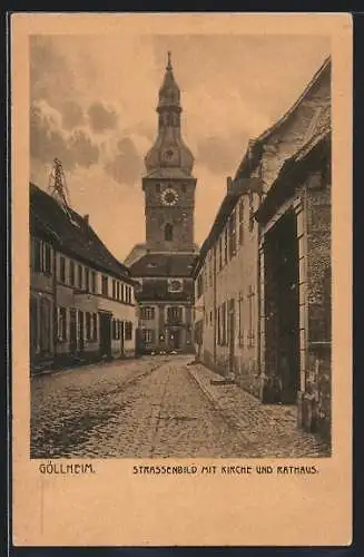 AK Göllheim, Strassenbild mit Kirche und Rathaus