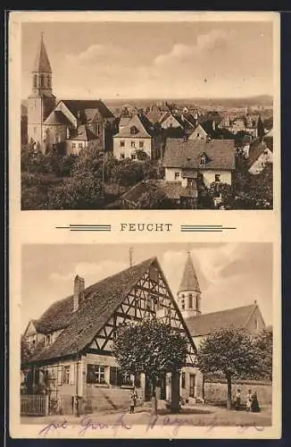 AK Feucht, Gasthaus und Teilansicht mit Kirche