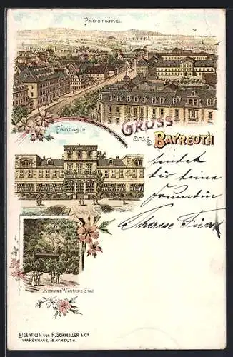 Lithographie Bayreuth, Panorama, Fantasie und Wichard Wagner Grab