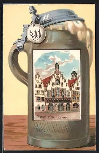 Passepartout-Lithographie Alt-Frankfurt, Römer-Ansicht in einem Bierkrug