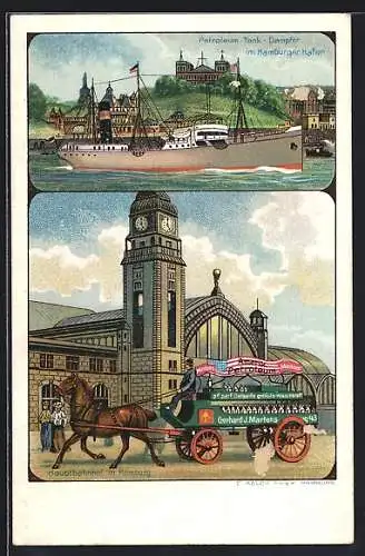 Lithographie Hamburg-St.Georg, Hauptbahnhof und Petroleum-Tank-Dampfer im Hafen