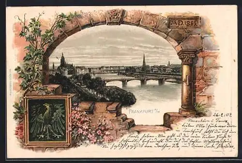 Passepartout-Lithographie Frankfurt /Main, Blick auf die Mainbrücken, Reichsadler