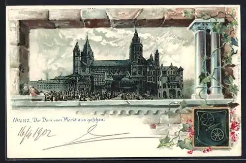 Passepartout-Lithographie Mainz, Der Dom vom Markt aus gesehen