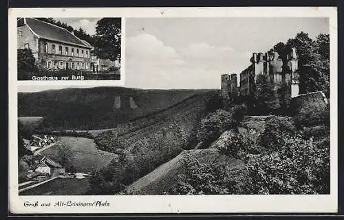 AK Alt-Leiningen / Pfalz, Gasthaus zur Burg, Teilansicht mit Ruine