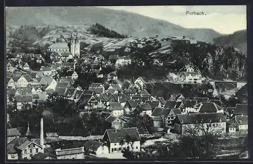 AK Forbach, Ortsansicht mit kleiner Fabrik mit Schornstein und Kirche