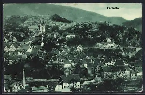 AK Forbach, Ortsansicht mit kleiner Fabrik mit Schornstein und Kirche