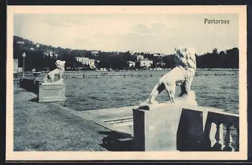 AK Portorose, Löwenstatuen am Hafen