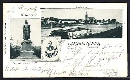 AK Tangermünde, Totalansicht und Denkmal Kaiser Karl IV.