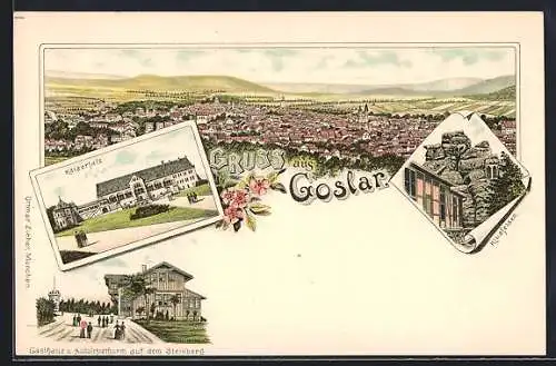 Lithographie Goslar, Kaiserfalz, Gasthaus auf dem Steinberg und Klusfelsen