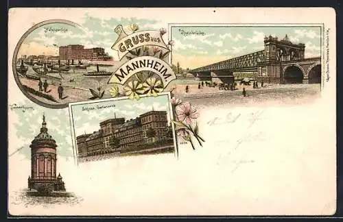 Lithographie Mannheim, Hafenpartie, Rheinbrücke, Schloss, Wasserturm