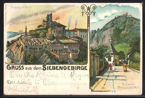 Lithographie Rhöndorf, Gasthof Drachenfels, Strassenpartie an der Kapelle