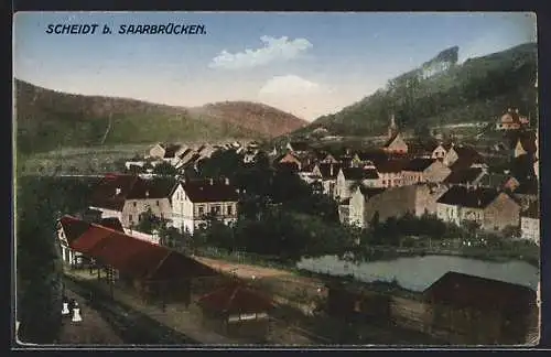 AK Scheidt b. Saarbrücken, Teilansicht mit Bahnhof