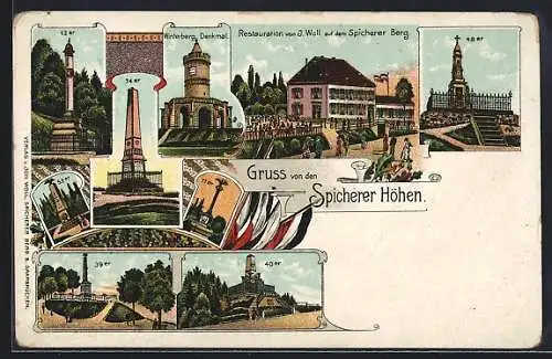 Lithographie Spicherer Höhen, Restaurant von J. Woll auf dem Spicherer Berg, 12er, 74er und 53er Denkmal