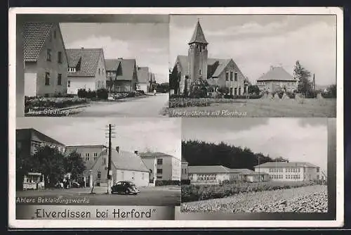 AK Elverdissen bei Herford, Neue Siedlung, Ahlers Bekleidungswerke und Friedenskirche