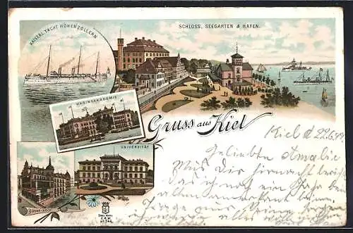 Lithographie Kiel, Marineakademie, Kaiserl. Yacht Hohenzollern und Börsen-Hotel