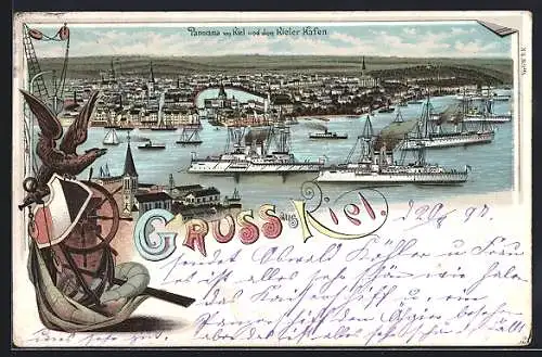 Lithographie Kiel, Panorama von Stadt und Hafen, Wappen mit Adler und maritimen Utensilien