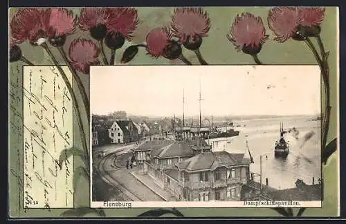 Passepartout-AK Flensburg, Dampfschiffspavillon mit roten Blumen Rahmen
