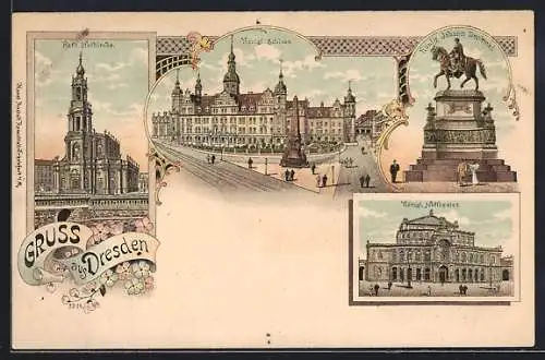 Lithographie Dresden, Kgl. Schloss, Kgl. Hoftheater, Kath. Hofkirche