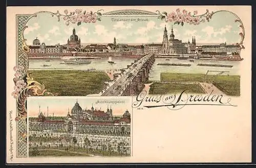 Lithographie Dresden, Totalansicht der Altstadt und Ausstellungspalast