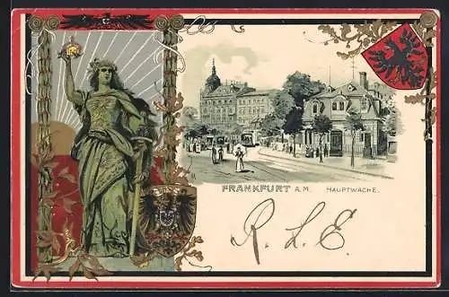 Passepartout-Lithographie Frankfurt a. M., Hauptwache mit Wappen