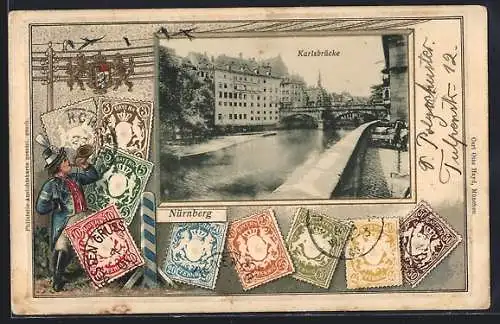 AK Nürnberg, Karlsbrücke im Briefmarken-Passepartout mit Wappen